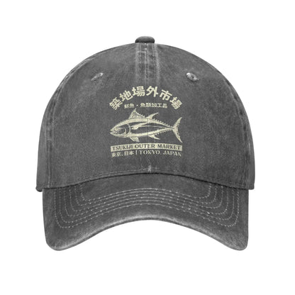 Japanense Tsukiji Fish Market Washed Tokyo Japan Baseball Cap Sun High Quality Washed Trucker Hat Female Male Snapback Cap