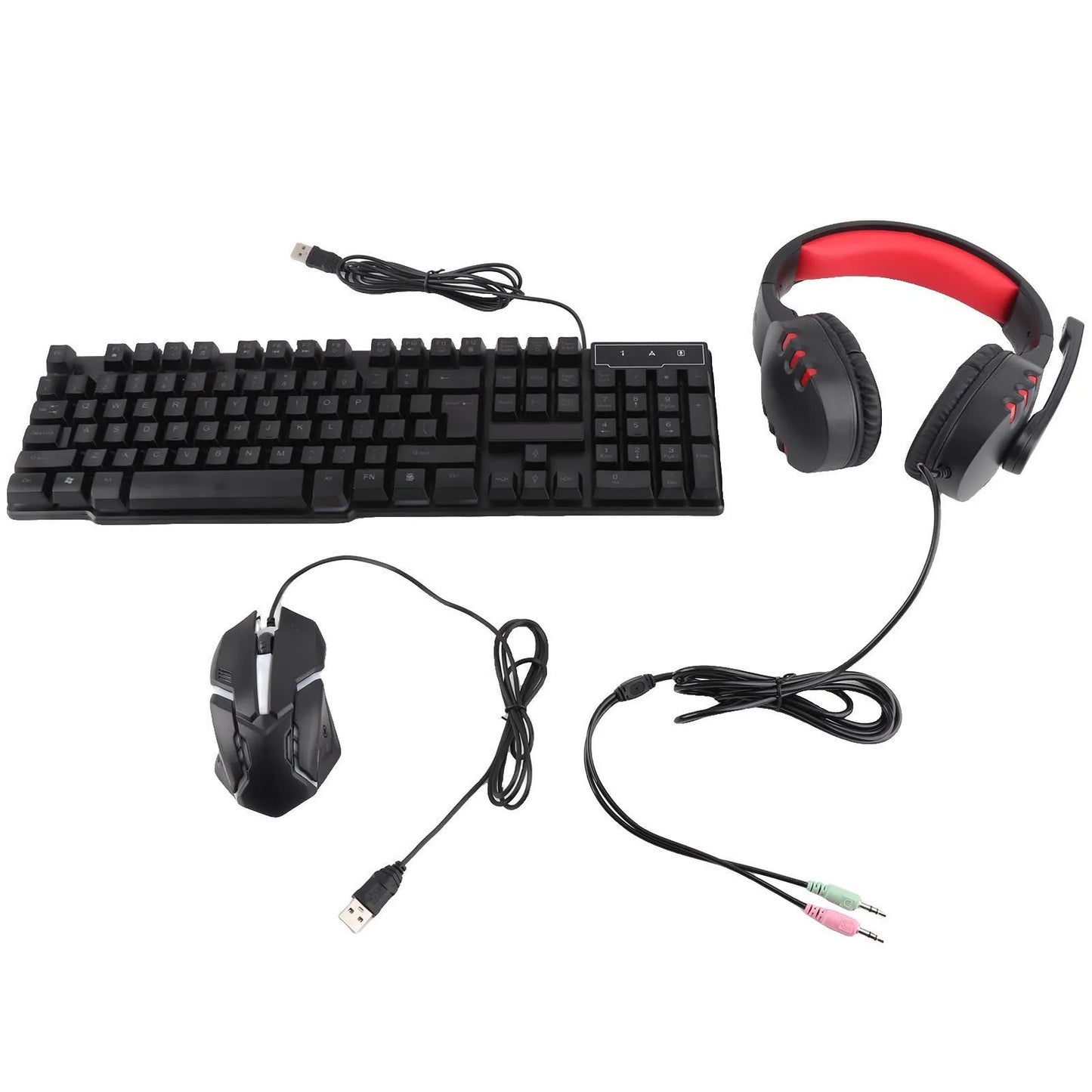 Combo gaming de teclado y ratón de 4 piezas, teclado ergonómico de 104 teclas, ratón con luz de respiración de 4 colores, auriculares y alfombrilla antideslizante para ratón
