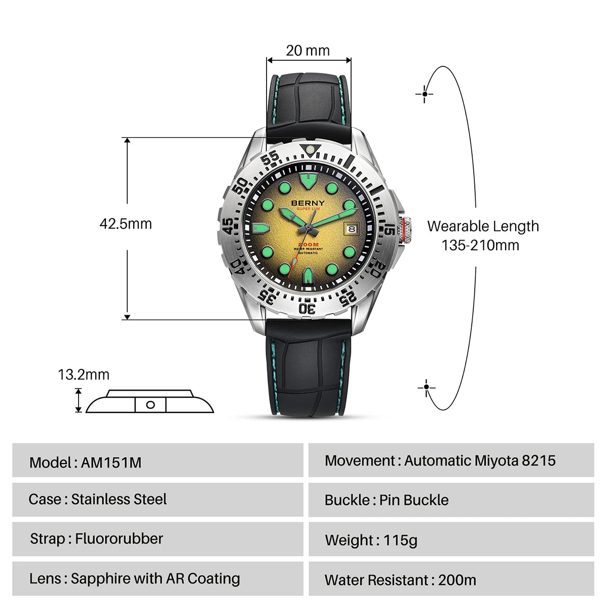 BERNY Automatic Diver Watch for Men Frosted Dial MIYOTA 8215 316L Supper Luminous Sapphire AR Fluororubber Men's Diving Watches