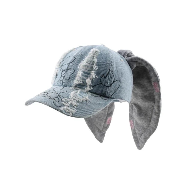 Celebrity-Inspired Niche Rabbit Ear Denim Ripped Baseball Cap Washed Graffiti Hip-Hop Sun Hat Trendy Cap