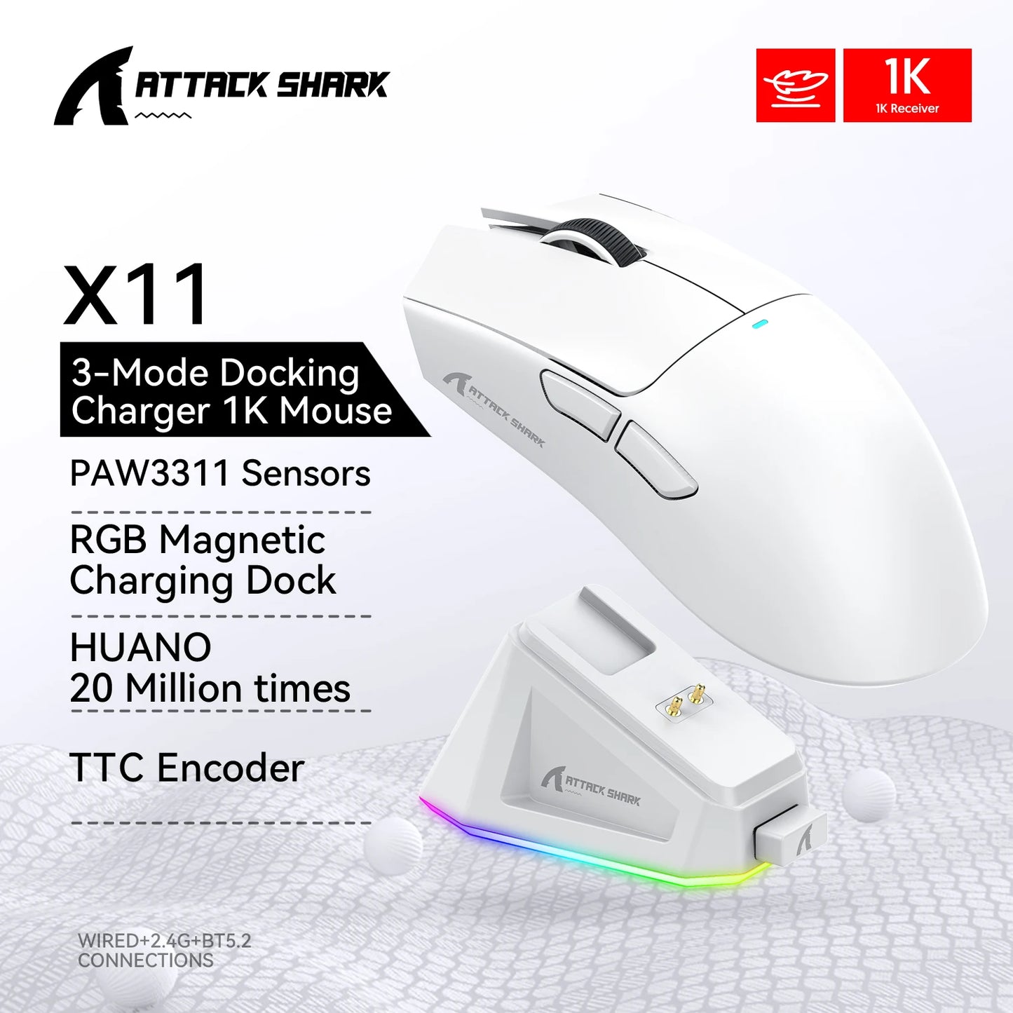 ATTACK SHARK X11 žaidimų pelė ir X11 SE belaidė pelė, 22000 DPI, PAW3311 jutiklis, BT/2.4G/laidinė, lengva 59g, 2000W paspaudimų