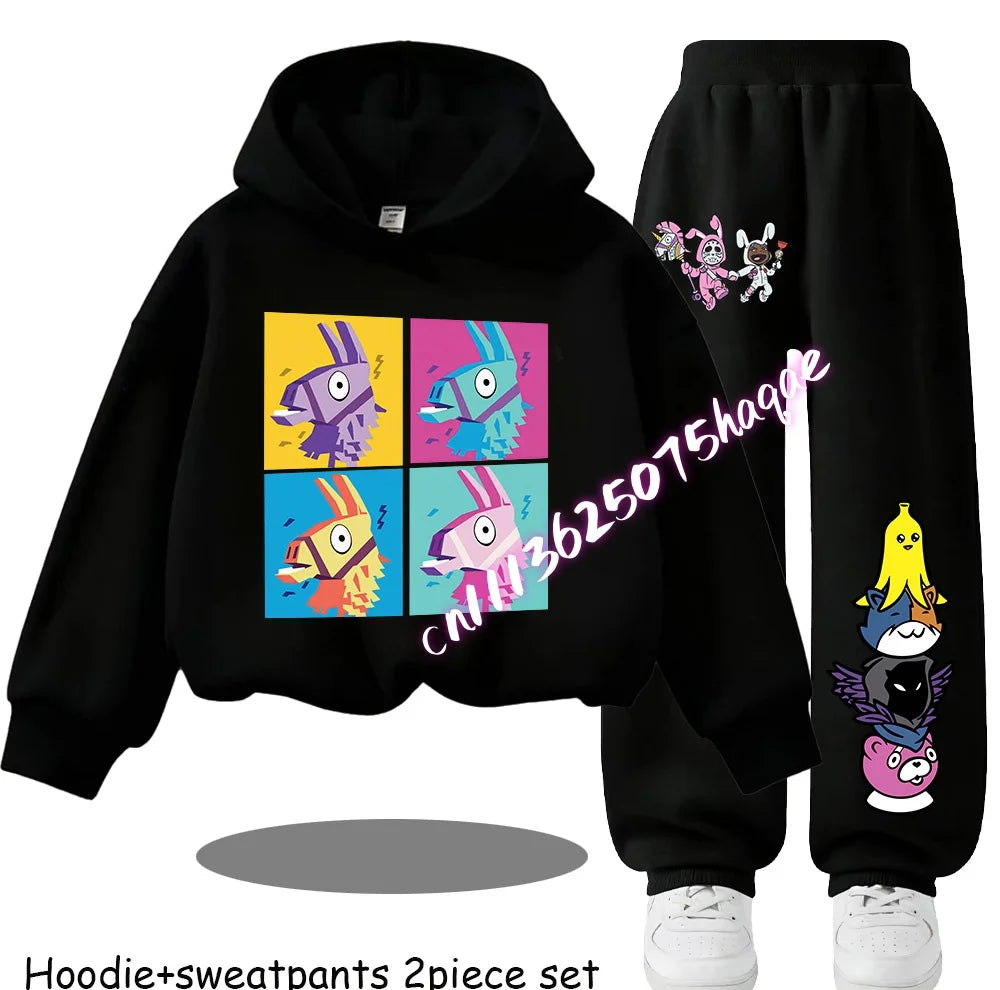Fortnite Kids Spring and Autumn Long-Sleeved Pants Children's Hooded Sweatshirt Set Game Cartoon Print Boys' Sport Shirt