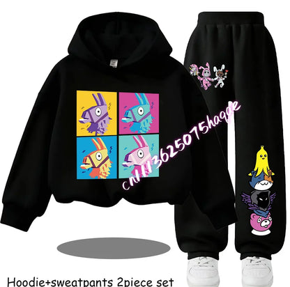 Fortnite Kids Spring and Autumn Long-Sleeved Pants Children's Hooded Sweatshirt Set Game Cartoon Print Boys' Sport Shirt