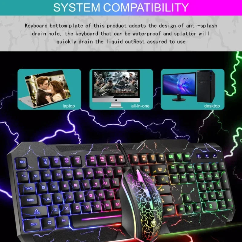 Combo tastiera e mouse da gaming cablati per computer desktop, tastiera retroilluminata LED effetto meccanico