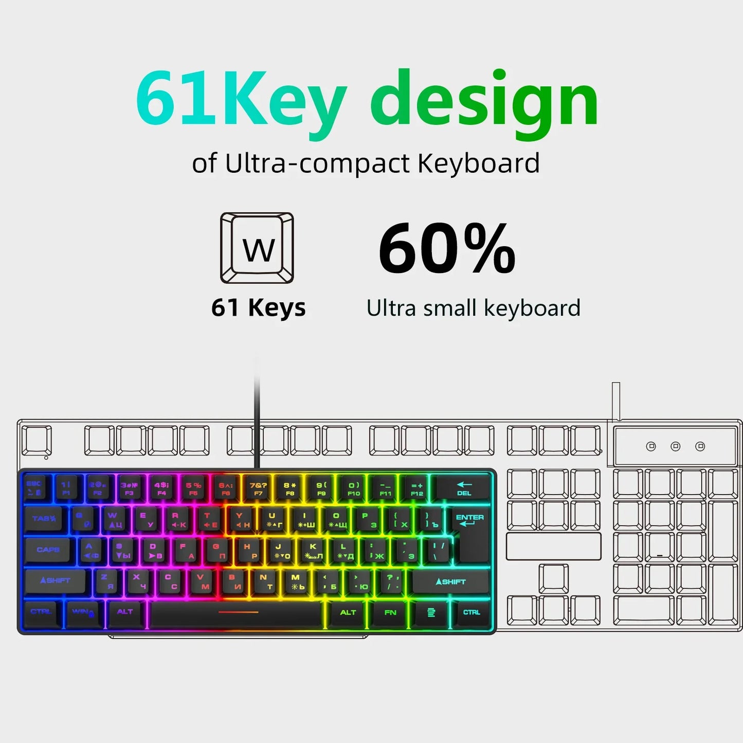 Teclado Gaming, Teclado Ultra-Compacto de 61 Teclas Russo/Inglês com Retroiluminação RGB, Teclado de Escritório Gaming Impermeável com Sensação Mecânica