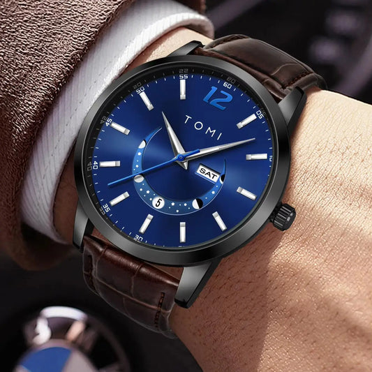 TOMI quartz watch, business-style and elegant, with a leather strap, alloy case and analogue dial – High-end design, a gift idea for men