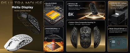 ATTACK SHARK R5 Ultra 8K karbonfiber vezeték nélküli gamer egér 42000 DPI-s PAW3950 MAX érzékelővel – 39g ultrakönnyű kivitel Win/Mac rendszerekhez