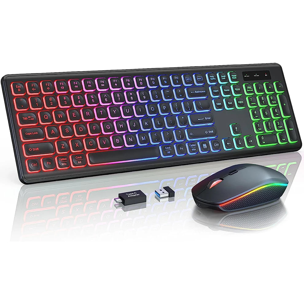 Conjunto de teclado e rato sem fios com retroiluminação RGB, letras iluminadas recarregáveis, tamanho completo, ergonómico, modo de suspensão, 2.4GHz
