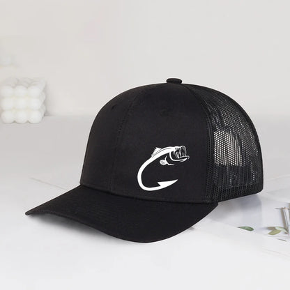 Bass Fish Hook Print Trucker Hat Adjustable Unisex Mesh Fishing Fan Sun Hat
