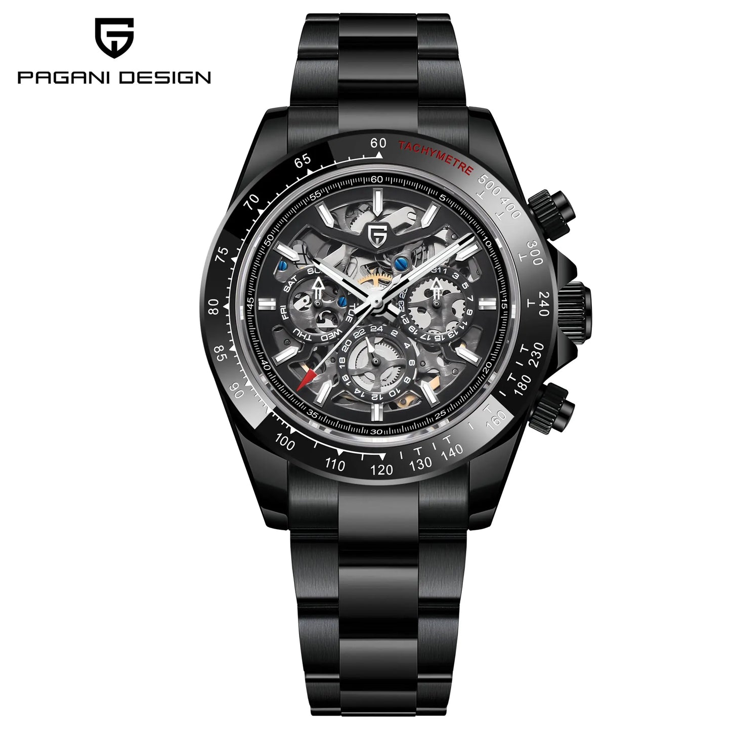 PAGANI DESIGN Personalized Men Automatic Mechanical Watch Colorful Gemstone Bezel Small Three-Pin Tachymeter Design Chronograph