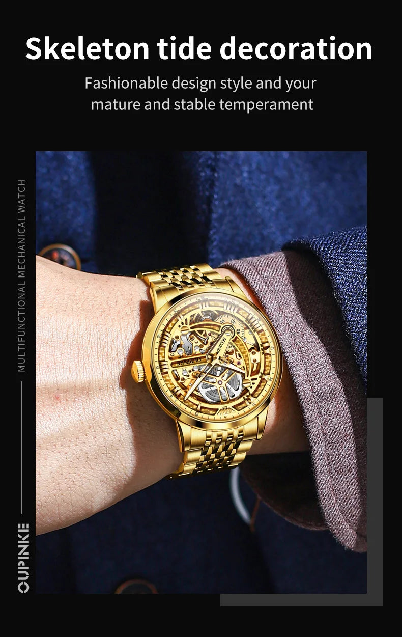 OUPINKE 3173 Skeleton Automatic Mechanical Watch Luxury Brand 50M Waterproof Watch Leather Strap Mens Watch Box Gifts Reloj