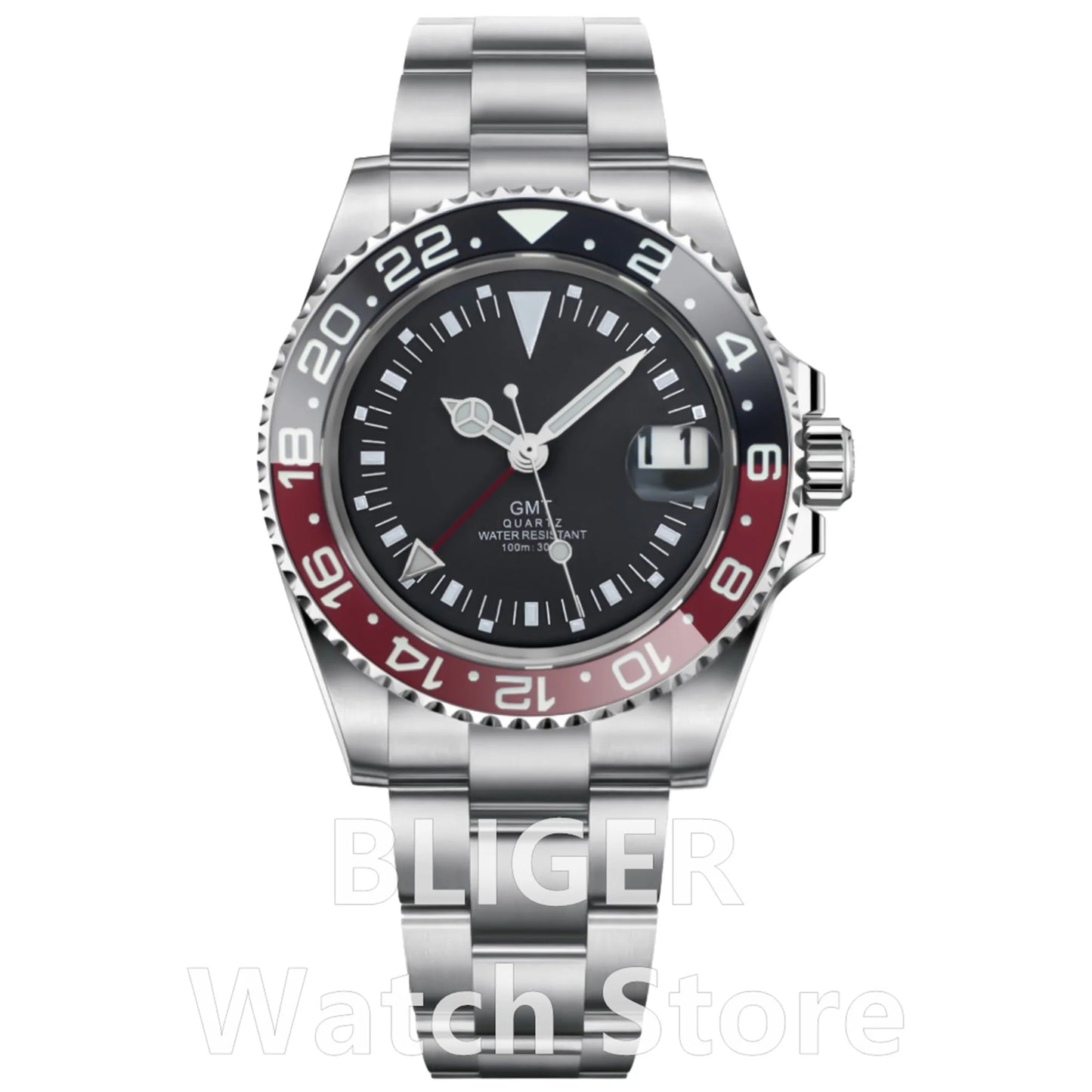BLIGER 40mm 515 24H GMT Men's Watch Stainless Steel Clasp Luminous Quartz Movement Ceramic Bezel Sapphire Glass 10Bar Waterproof