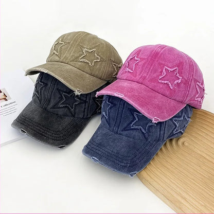 New Women's Five Pointed Star Design Washed Cotton Baseball Cap Fashion Street Dad Hat