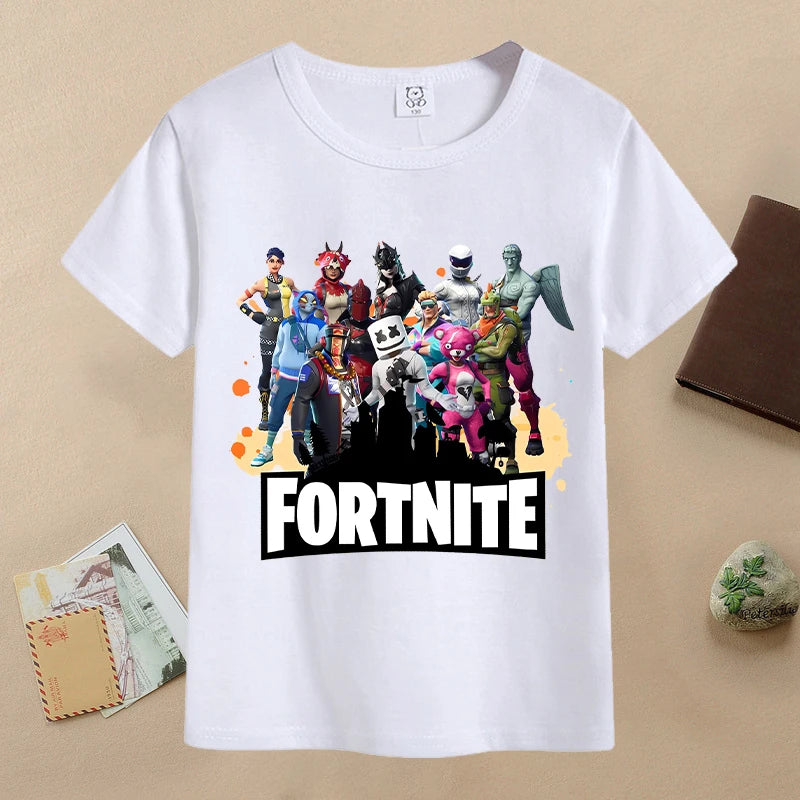 T-shirt de verão para criança Fortnites, com estampado de figura de jogo em estilo cartoon, T-shirt casual desportiva para rapaz, manga curta, vestuário infantil