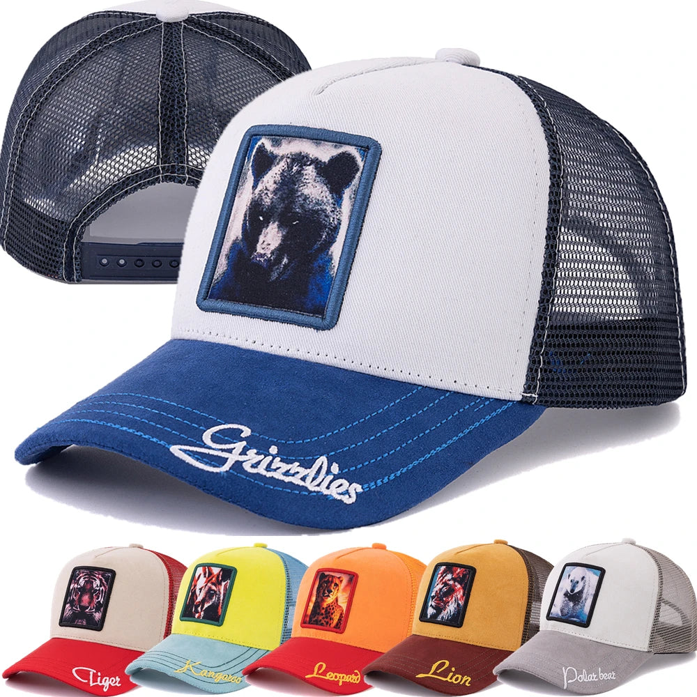 Unisex „Trucker“ kepurė su „Grizzlies“ raštu, su siuvinėtu motyvu, iš zomšos, vasarinė kepurė nuo saulės, vasarinė kepurė su gyvūnų motyvu, beisbolo kepurė vyrams ir moterims
