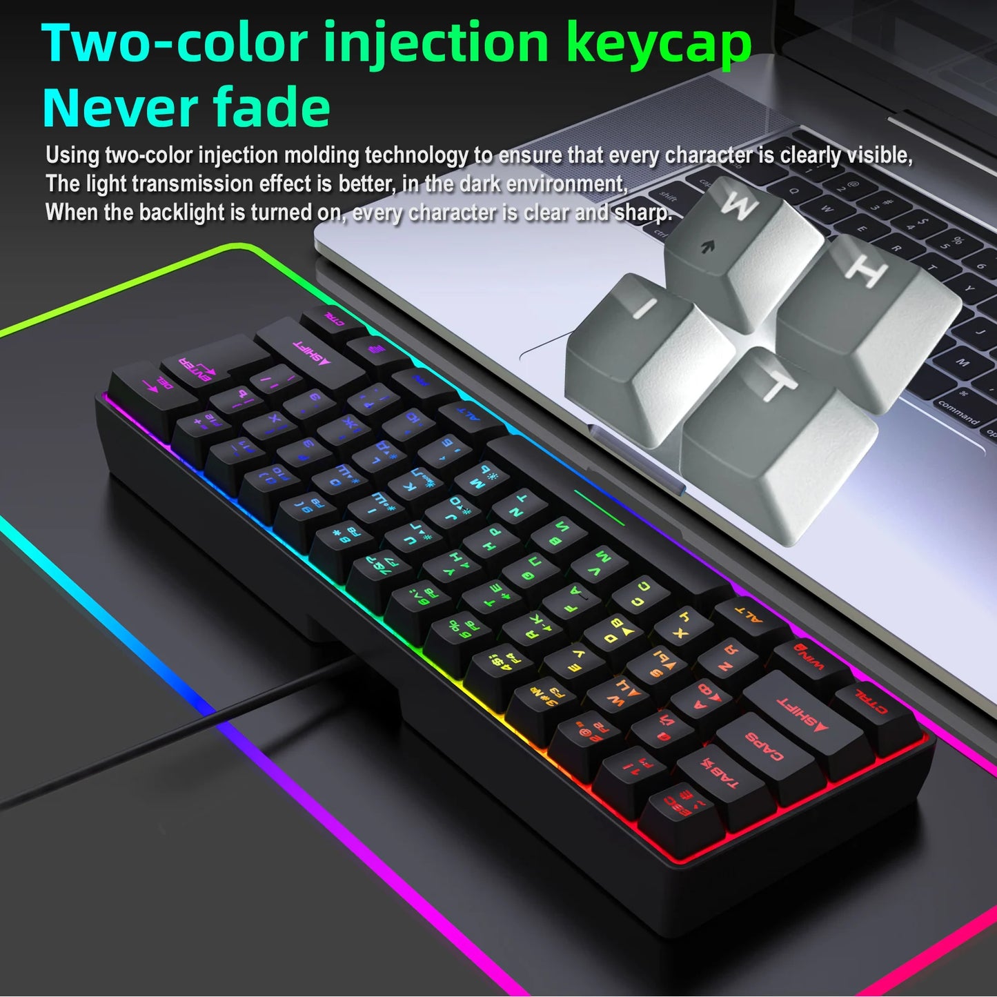 Teclado Gaming, Teclado Ultra-Compacto de 61 Teclas Russo/Inglês com Retroiluminação RGB, Teclado de Escritório Gaming Impermeável com Sensação Mecânica