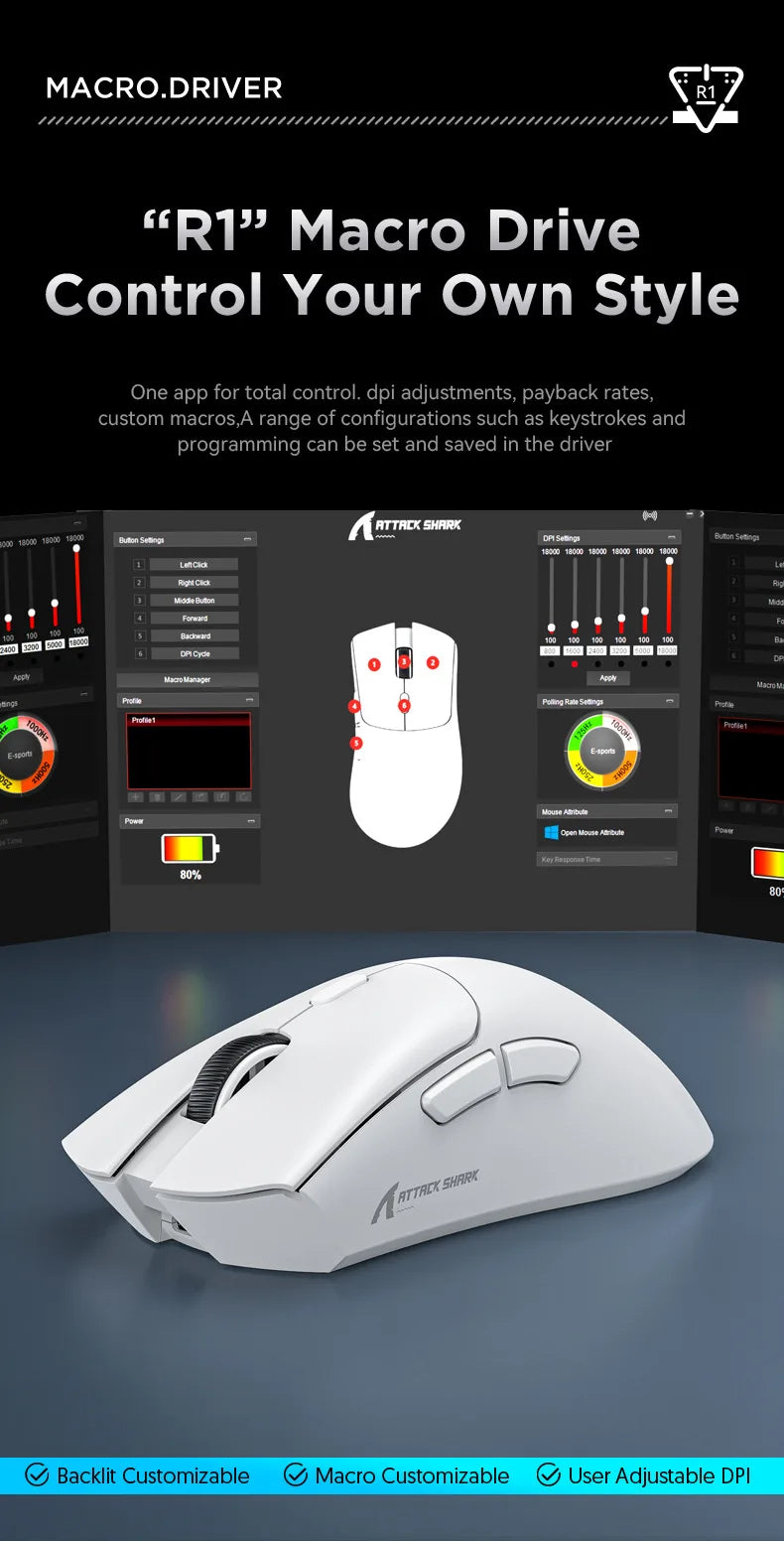 Ratón gaming inalámbrico Attack Shark R1 ligero Bluetooth 2.4G PAW3311 18000DPI ergonómico con macros