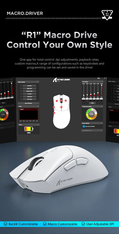 Ratón gaming inalámbrico Attack Shark R1 ligero Bluetooth 2.4G PAW3311 18000DPI ergonómico con macros