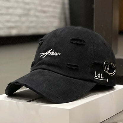 Unisex Asher Embroidery Broken Hole Iron Ring Baseball Caps Outdoor Adjustable Spring and Autumn Casual Sunscreen Hat
