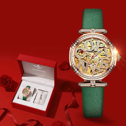 OUPINKE 3175 Women Watches Luxury Elegant Skeleton Automatic Mechanical Watches For Woman 50M Waterproof Bracelet Necklace Set
