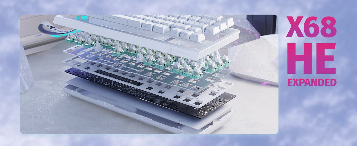 Teclado mecânico gaming ATTACK SHARK X68 HE Rapid Trigger 60% com fios, com atuação ajustável, interruptores magnéticos Hall Effect, 8KH
