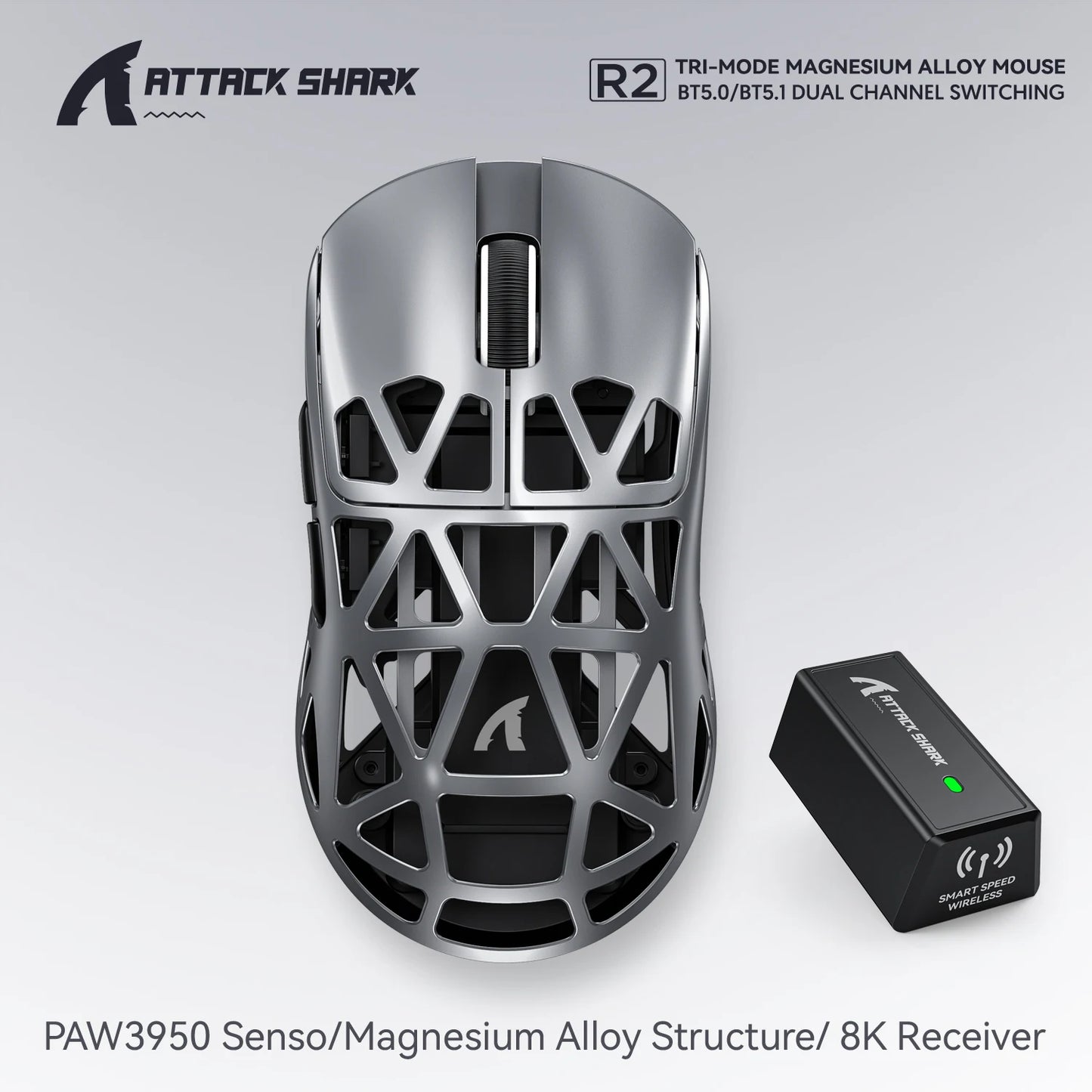 Bezprzewodowa mysz gamingowa Attack Shark R2 PAW3950 8K ze stopu magnezu, lekka mysz gamingowa Bluetooth Tri-Mode do gier/biura