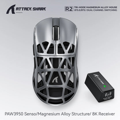 Bezprzewodowa mysz gamingowa Attack Shark R2 PAW3950 8K ze stopu magnezu, lekka mysz gamingowa Bluetooth Tri-Mode do gier/biura