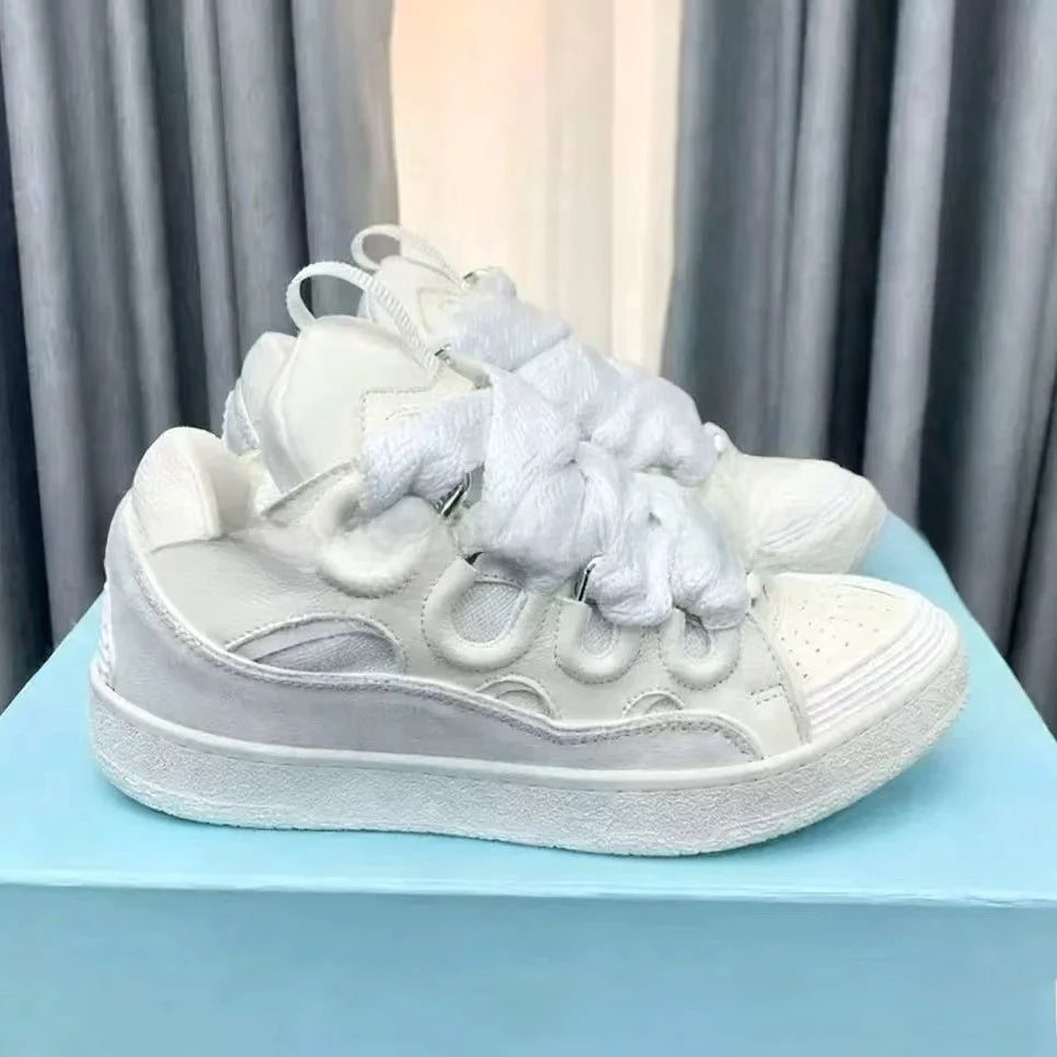 Zapatillas tipo skate de tacón alto cómodas, con suela gruesa, estilo casual deportivo dad shoes, estilo bolso, vietnamita y camboyano, nuevo diseño con nudo, sin cordones
