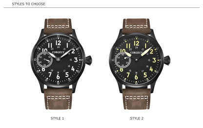 Corgeut 44mm Leather Luminous Mechanical Hand Winding Watch For Men 17 Jewels ST3600 Seagull 6497 Movement Sport Wristwatches