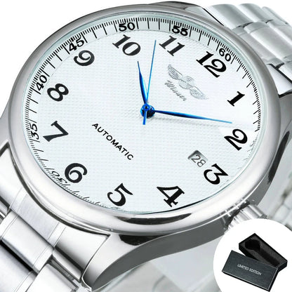 Relógio clássico para homem – Estilo retro com calendário e ponteiros azuis, movimento mecânico automático, marca de prestígio, caixa em aço e bracelete em pele