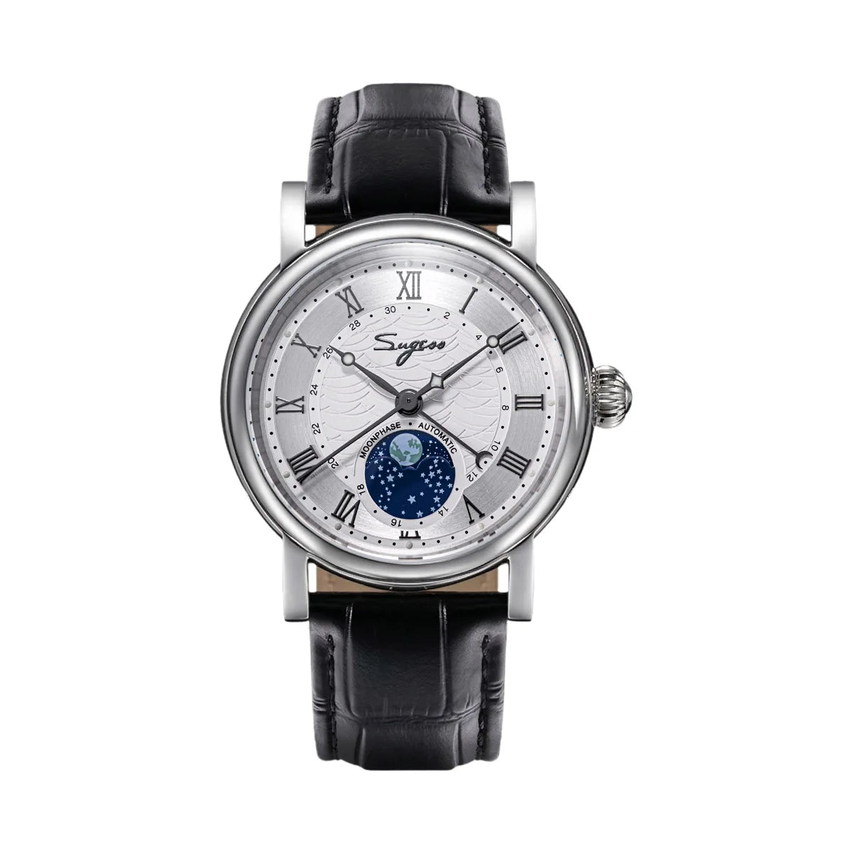 Sugess Watches for Men Automatic Mechanical Watch Moonphase Tianjin ST2108 Waterproof Date Hands Sapphire Crystal Rome Wave Dial