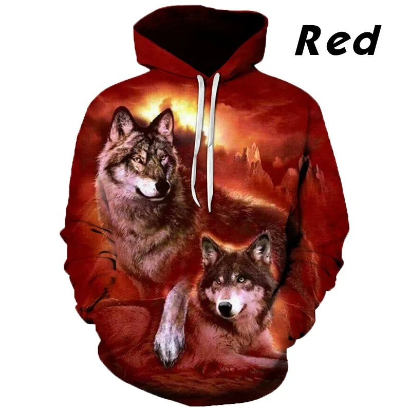 Sweatshirt com Capuz Lobo 3D Estampado, Estilo Europeu e Americano, Pullover Casual de Manga Comprida com Personalidade Animal, Modelo Popular