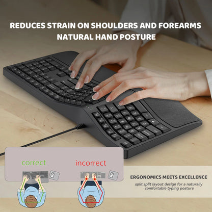 Teclado ergonómico dividido con cable USB K9, reposamuñecas, 110 teclas, teclado gaming para oficinas profesionales