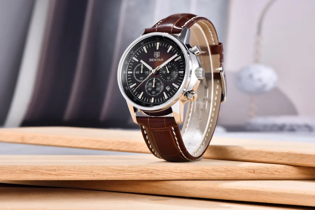 Relógio de luxo para homem Benyar – Cronógrafo com data, bracelete em pele, estanque, luminescente, estilo desportivo e militar, relógio de quartzo