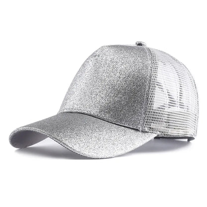 Letnia czapka z daszkiem z brokatem, z wysokim karkiem, damska czapka typu snapback, czapki typu trucker z siateczką w kolorach czarnym, białym i różowym dla kobiet Gorra
