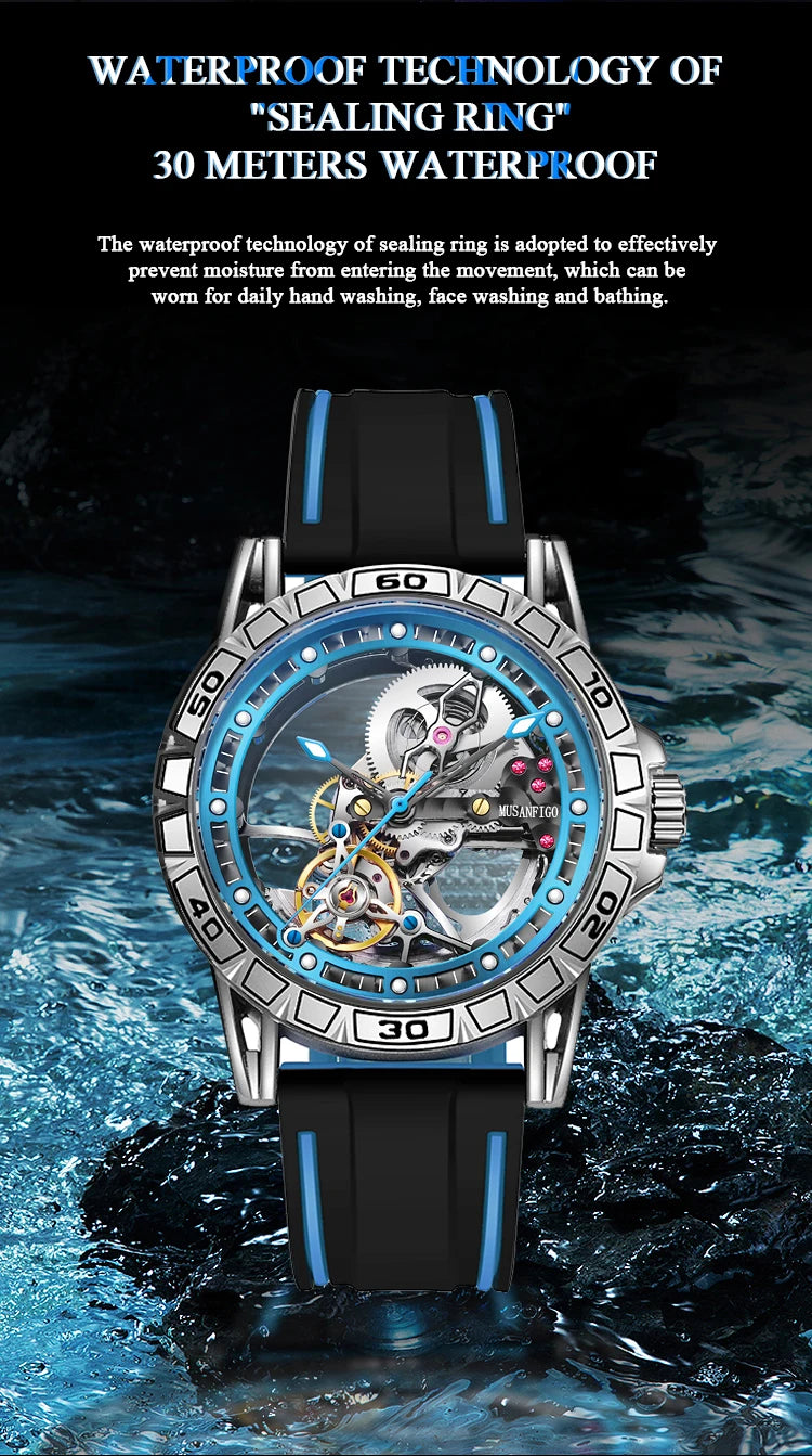MUSANFIGO hollowed out fully automatic men's watch with mechanical movement, men's night light waterproof trendy watch