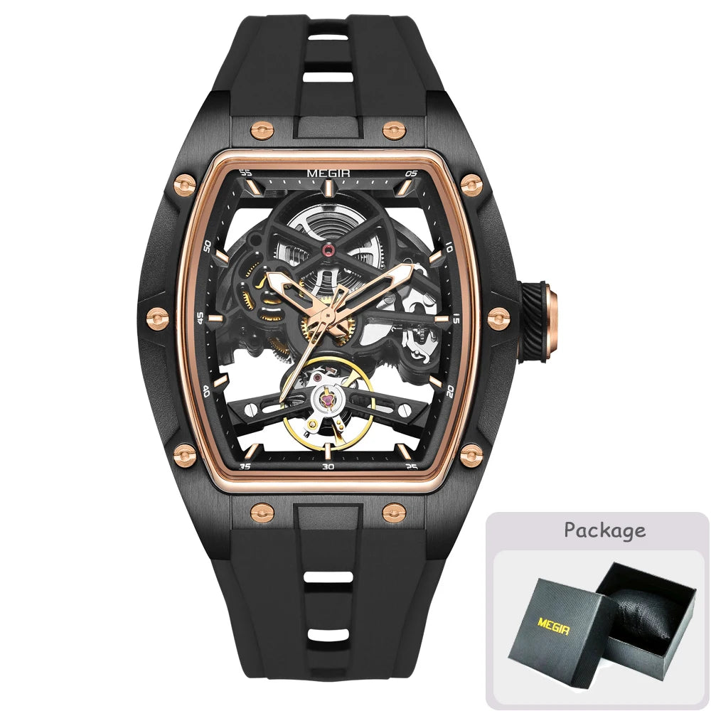 Relógio mecânico para homem MEGIR, formato de barril, mostrador esqueletizado com aberturas, estilo desportivo, bracelete em silicone, relógio automático de luxo