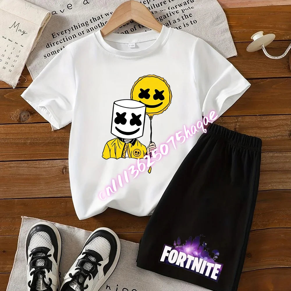 Sommer-Fortnite-T-Shirt und Shorts für Jungen und Mädchen, 2-teiliges Kinder-Set mit Oberteil und Hose, Fortress-Night-Print, Geschenk