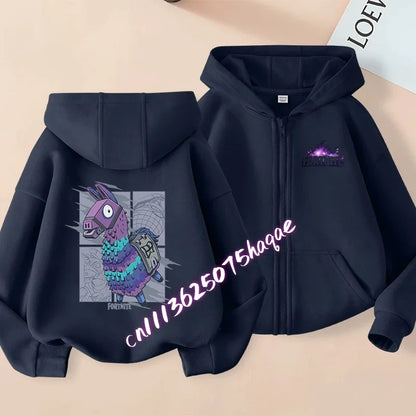 Casaco com capuz infantil Fortnite de outono, com fecho, estampado com personagem de jogo em estilo cartoon, casaco de inverno para criança, roupa para menino