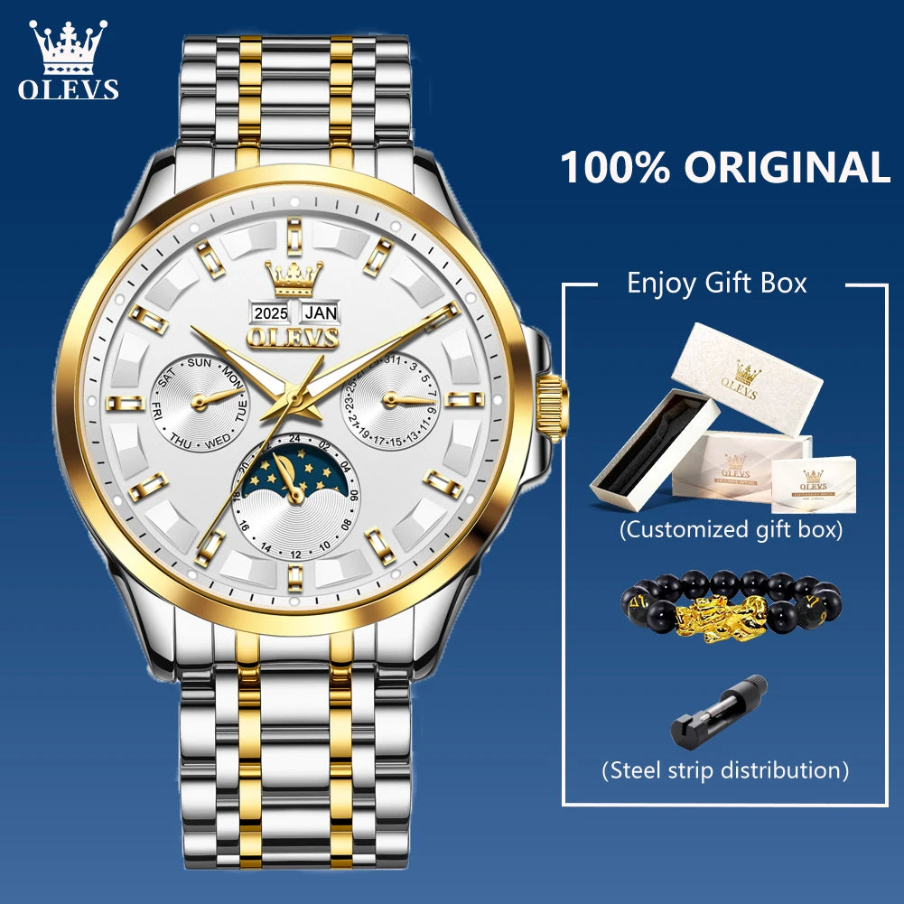 OELVS 7070 New Mens Watch Luxury Automatic Mechanical Watches For Man Moon Phase Waterproof Luminous Steel Watch Gift Box Reloj