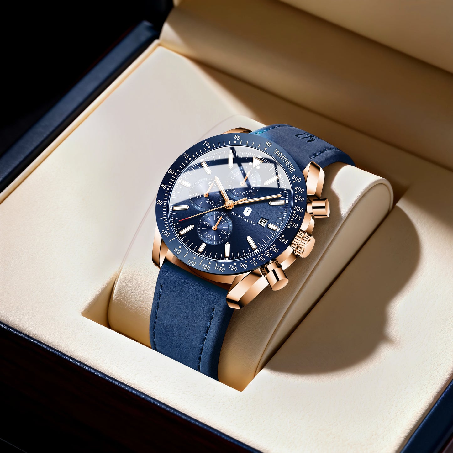SAPPHERO Men Chronograph Watch High Precision Quartz Movement Blue Dial Date Display 50M Waterproof Luxury Sport Wristwatch Gift
