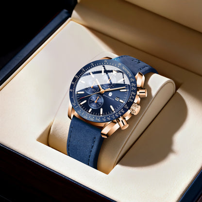 SAPPHERO Men Chronograph Watch High Precision Quartz Movement Blue Dial Date Display 50M Waterproof Luxury Sport Wristwatch Gift