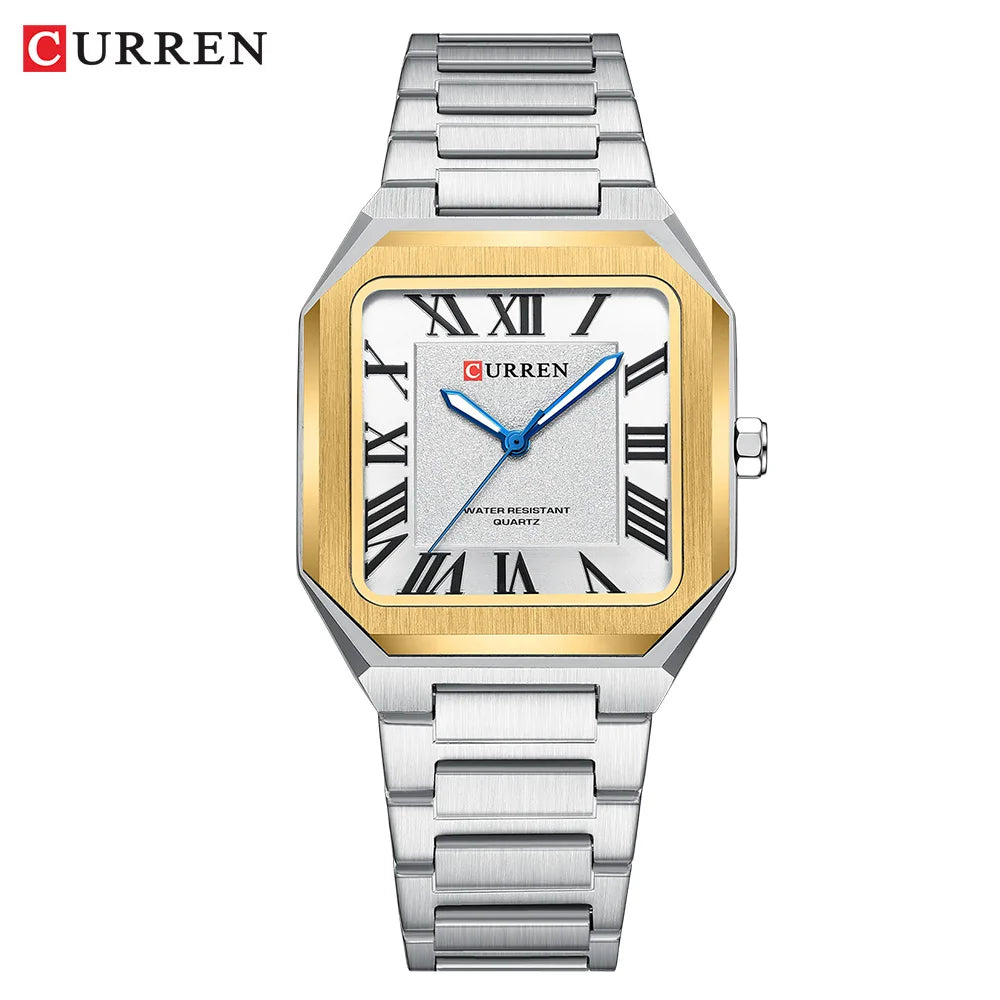 CURREN Vintage Square Design Dial with Roman Numeral Classic Business Dress Quartz Watch for Men with Luminous Hands 8482