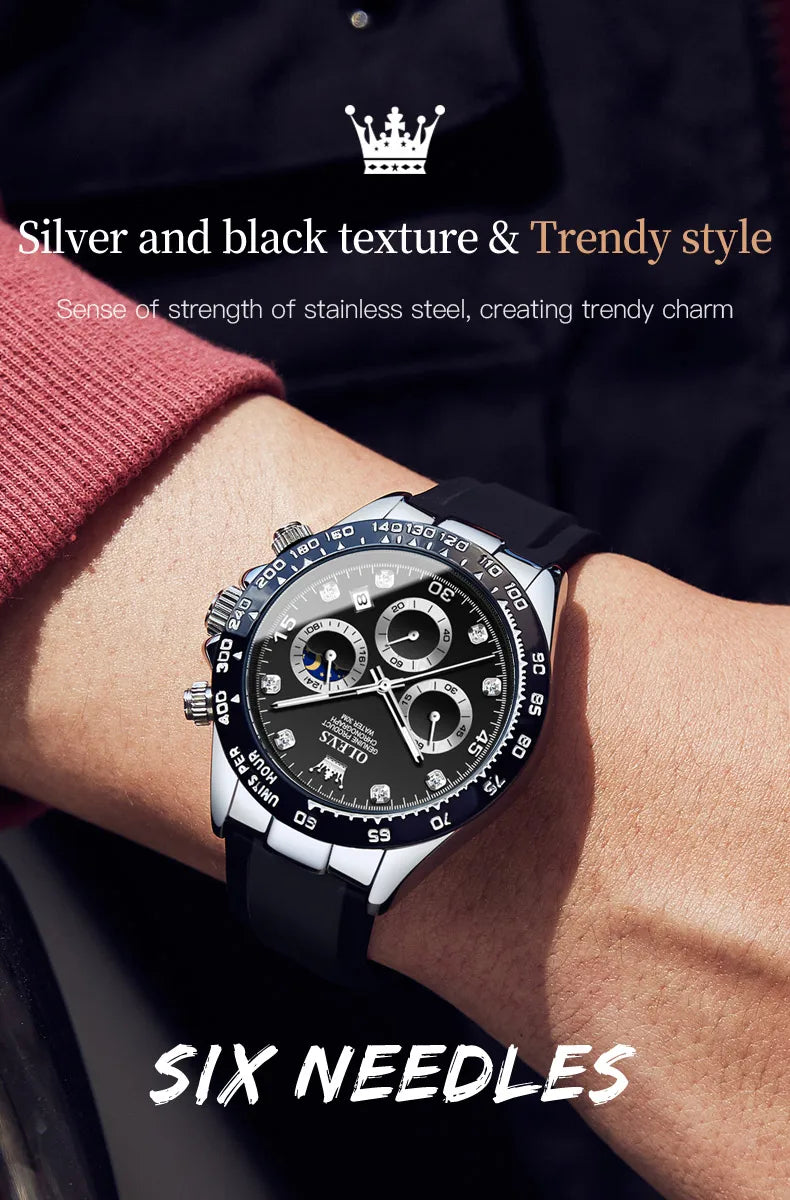 OLEVS Luxury Brand Quartz Watch for Men Waterproof Luminous Moon Phase Hour Men's Watch Chronograph Sport Wristwatch Moonswatch