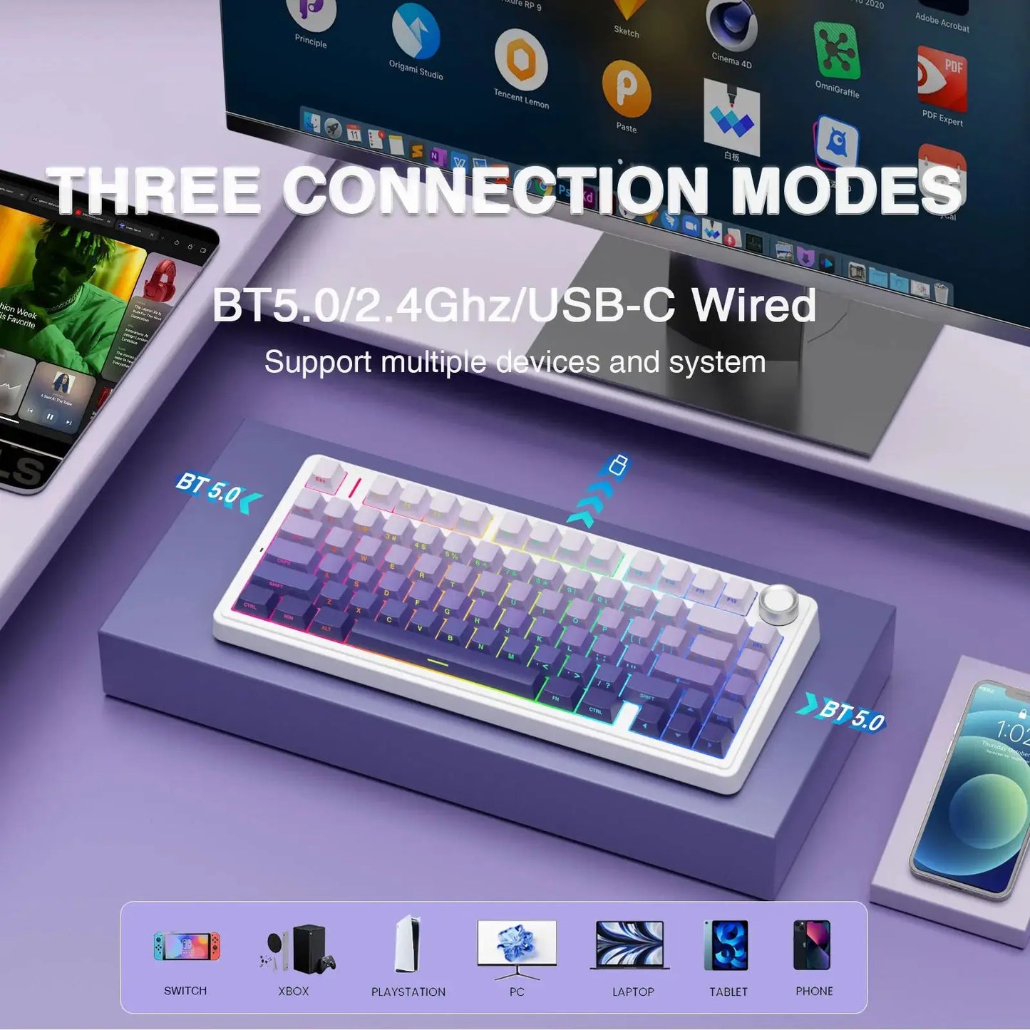 Tastiera meccanica gaming wireless AULA F75 Pro con montaggio gasket, RGB personalizzato, layout 75% e keycap PBT con incisione laterale
