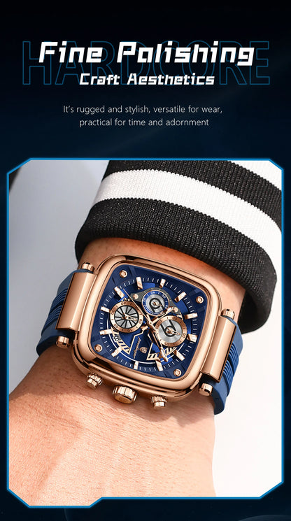 POEDAGAR Square Sport Man Wristwatch Date Waterproof Luminous Chronograph Watch For Men Silicone Strap Men's Quartz Watches Male