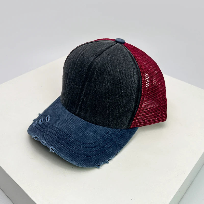 New Unisex Color Block Broken Style Baseball Hats Distress Breathable Mesh Sunshade Retro Trucker Caps Versatile Simple Fashion