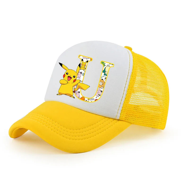 Pokemon Print Letter A-Z Pikachu Baseball Cap Girls Hip Hop Yellow Hat Summer Sunhat Outdoor Sport Shade Caps Gifts