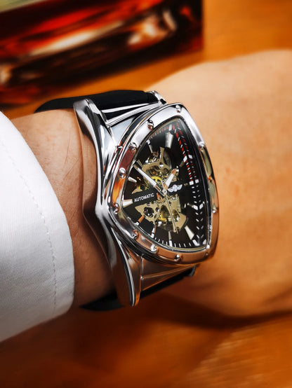 Relógio automático para homem WINNER, design esqueleto triangular, ponteiros luminescentes, bracelete em borracha, estilo militar, relógio mecânico de luxo
