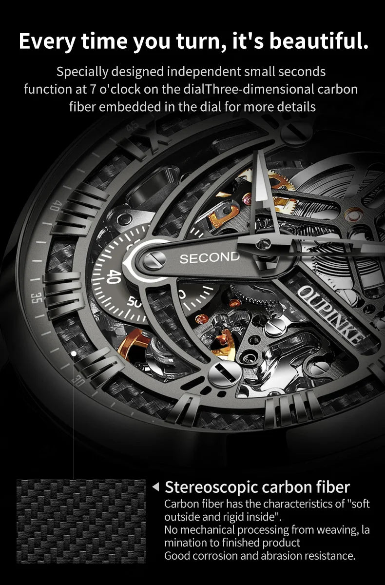 OUPINKE 3173 Skeleton Automatic Mechanical Watch Luxury Brand 50M Waterproof Watch Leather Strap Mens Watch Box Gifts Reloj